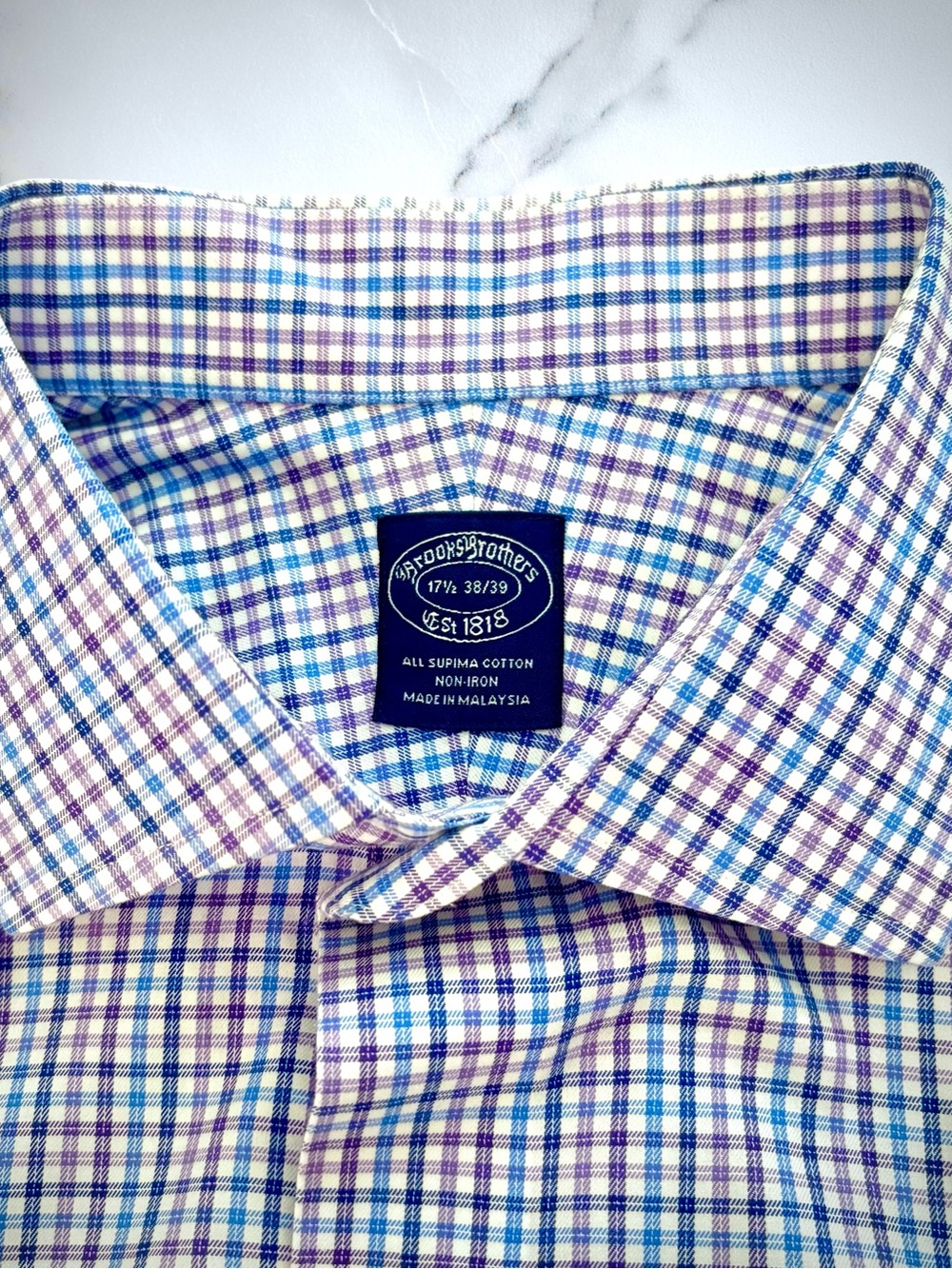 Brooks Brothers Supima Cotton Non-Iron Shirt 17.5 38/39 Blue Purple Plaid EUC